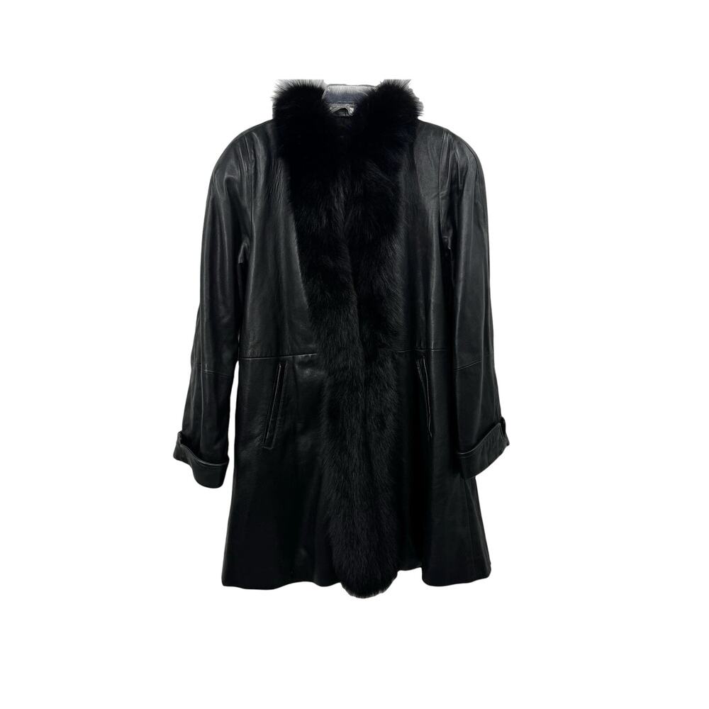 Vintage J. Percy for Marvin Richards Black Leather Coat Fur Trim Long USA Small